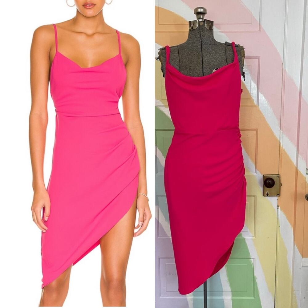 ✨Amanda Uprichard Hot Pink Cowl Ruched Asymmetrical Dress USA Sz L